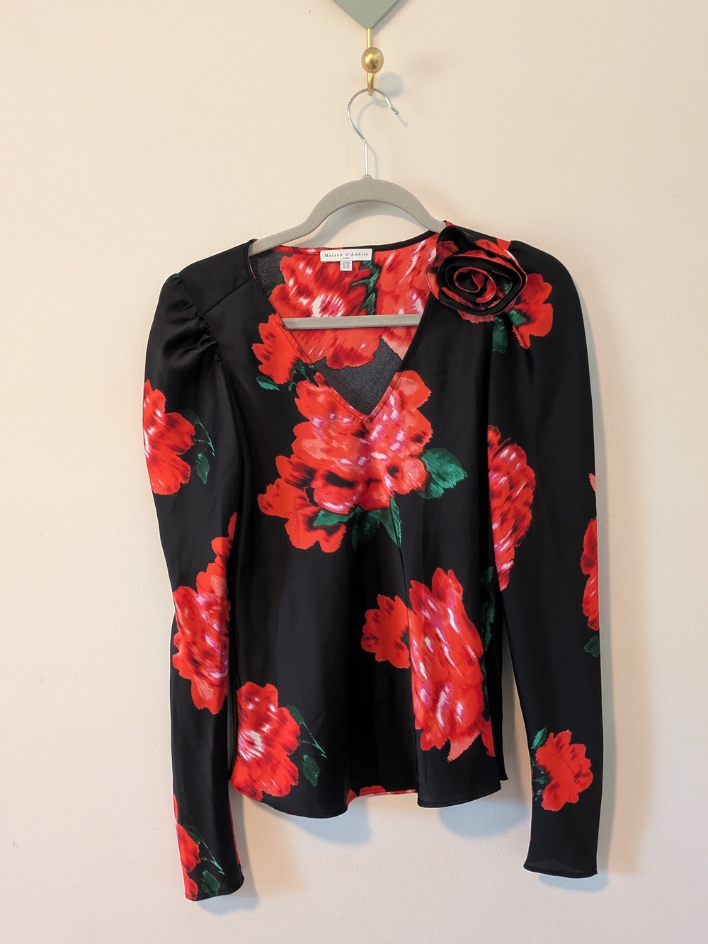 Black Floral V-Neck Blouse with Rosette Detail